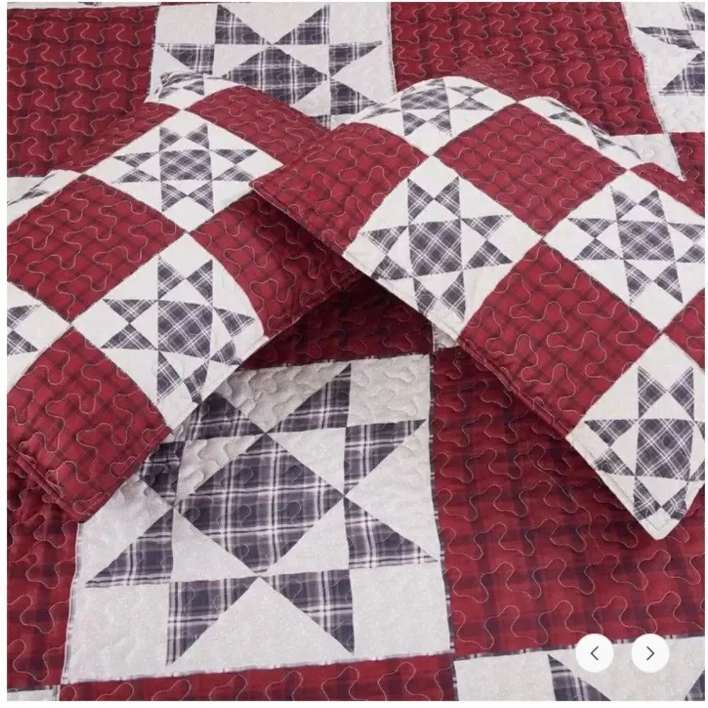 Country Star Patchwork Printed Lightweight King Quilt Set Farmhouse Red Black